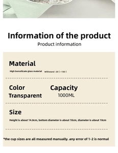 Detail specifications of 1000ml borosilicate glass mug with size and temperature resistance