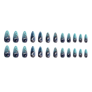 24pcs celestial gradient blue press on nails with glitter and moon charms