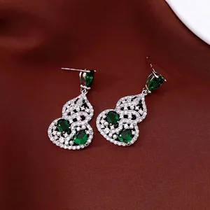 Vintage Wulu Gourd Earrings With 925 Sterling Silver Earring Post Zirconia Inlaid Emerald Retro Chinese Style Jewelry