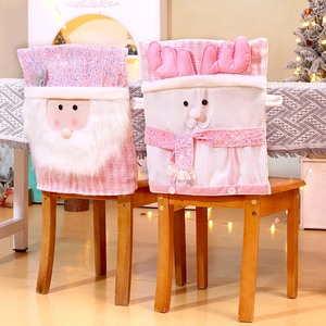 Christmas Chair Back Covers Pink Sequin Santa Snowman Reindeer Plush Fabric Plaid Cartoon Dining Party Decor