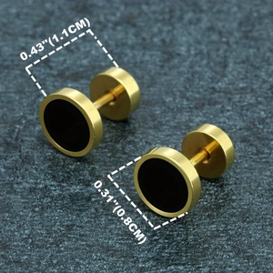 Pair of gold stainless steel stud earrings with black enamel in 8mm and 11mm sizes
