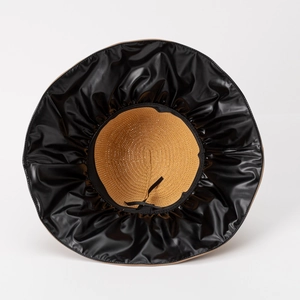 Women's wide brim sun hat with black UV coating and brown straw woven crown