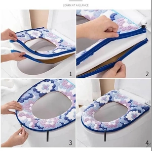 Four-step installation guide for floral plush toilet seat cover with zipper closure