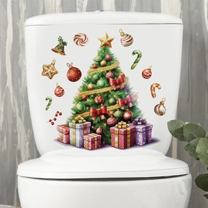 Waterproof Christmas tree PVC decals applied on a white toilet tank in a modern bathroom