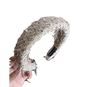Handmade beige knit headband with silver sequins and high cranial top style for women