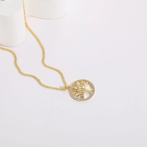 Elegant 14K gold plated tree of life pendant necklace with sparkling zircon crystals