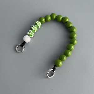 Fashionable green checkerboard wooden bead phone charm strap with silver spring buckles