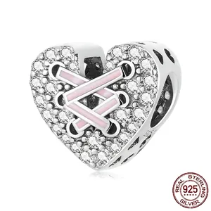 Sparkling S925 sterling silver heart charm with pink enamel and pave-set white crystals