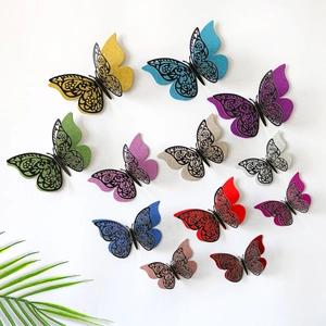 Detailed view of 12pcs 3D glitter paper butterfly wall stickers in assorted vibrant colors