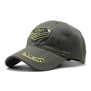 Detailed embroidery of ARMY and NAVY SEAL text on an olive green cotton baseball cap