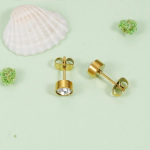 Clous d'oreilles en acier inoxydable doré avec zircons ronds sur fond vert épuré