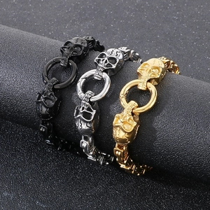 Punk retro skull steel bracelets for men in silver, gold, and black finish