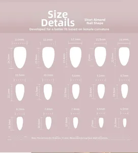 Tableau des tailles pour faux ongles amande courte avec 15 mesures de largeur et de longueur