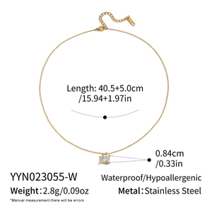 Detail showing dimensions of gold stainless steel necklace with square zircon pendant