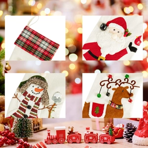 Set of linen Christmas stockings with 3D Santa, Snowman and Reindeer embroidery