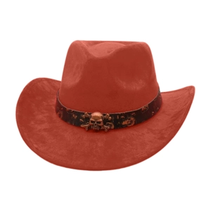 Detail of western cowboy hat with leather band and bronze skull emblem on dark red felt