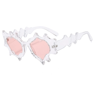 Futuristic flame-shaped sunglasses with pink lenses and clear irregular frames