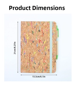Top view of A5 cork notebook with colorful ink spots and matching blue pen set