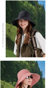 Detail of outdoor sun hat with wide brim and adjustable drawstring for hiking