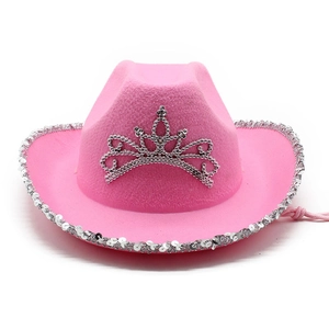 Pink western cowboy hat with silver crown tiara and shimmering sequin trim on the brim