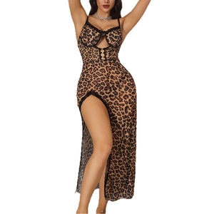 Sexy leopard print long dress with lace trim, spaghetti straps and high side slit