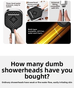 Detail of black square high pressure shower head with 3 modes and universal connector