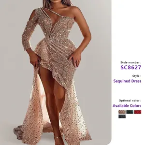 Damen Elegant Pailletten Ein Schulter Abendkleid Sexy Hoher Schlitz Tiefer V Ausschnitt Slim Fit Maxi Party Kleid Für Hochzeit Bankett