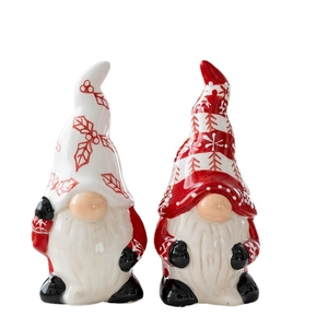 Set of two ceramic Christmas gnome figurines with handcrafted holiday hat patterns