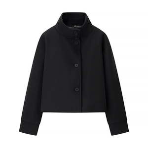 Veste courte en laine noire pour femme avec col montant et fermeture à boutons latéraux