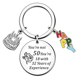 50th Birthday stainless steel keychain with cake charm and funny engraved quote