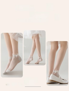 Detail of sweet lace mesh socks with bow decoration and double needle weaving texture