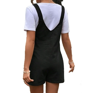 Back view of maternity overalls shorts in black with a deep V-cut design and white tee