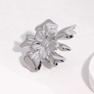 Close-up of polished silver flower ring with detailed petals on minimalist white background
