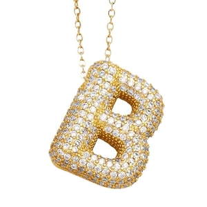 Balloon-style gold letter B pendant necklace with pavé cubic zirconia on white background