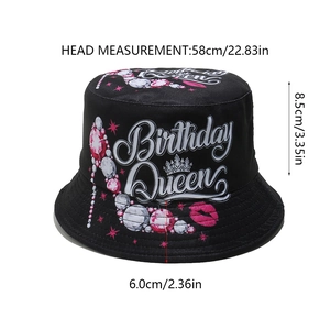 Detailed size chart for black Birthday Queen bucket hat showing 58cm head circumference