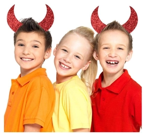 Three children wearing sequined red devil horn headbands for Halloween party costumes