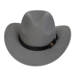 Detail of grey western cowboy hat featuring black leather band and gold metal rivet