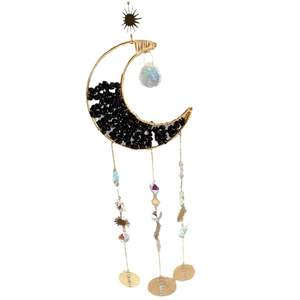 Golden crescent moon suncatcher with amethyst stones and crystal prism for balcony