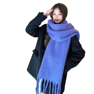 Soft purple mohair scarf with tassels for women, minimalist winter warm neck wrap