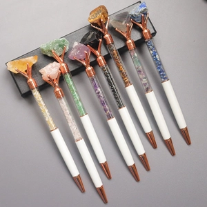 Set of seven white crystal bead pens with natural gemstones and rose gold metal trim