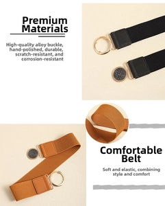 Detail of high-elastic waist belts in black and caramel with polished alloy buckles