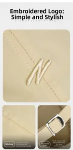 Detail of embroidered N letter, twill stitching and adjustable metal buckle on beige cap