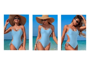 Detail view of sky blue cutout one-piece swimsuit with side drawstrings on beach