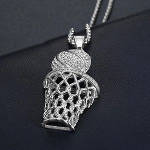 Iced out basketball hoop pendant necklace in silver plated stainless steel with rhinestones