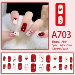 Cute red and white press-on nails with rabbit and heart patterns, 24 pieces set