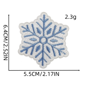 Detailed close-up of blue and white snowflake embroidered patch with size measurements