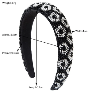 Fashionable wide headband with handmade beaded leopard pattern and black non-slip lining
