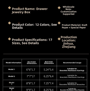 Detailed view of various sizes for black drawer-style jewelry boxes with internal dimensions