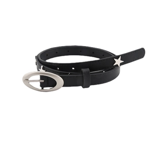 Women black skinny leather belt with silver oval buckle and metal star studs