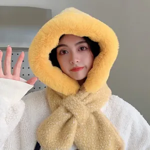 Winter plush hood scarf set in yellow faux fur, soft windproof warm integrated design